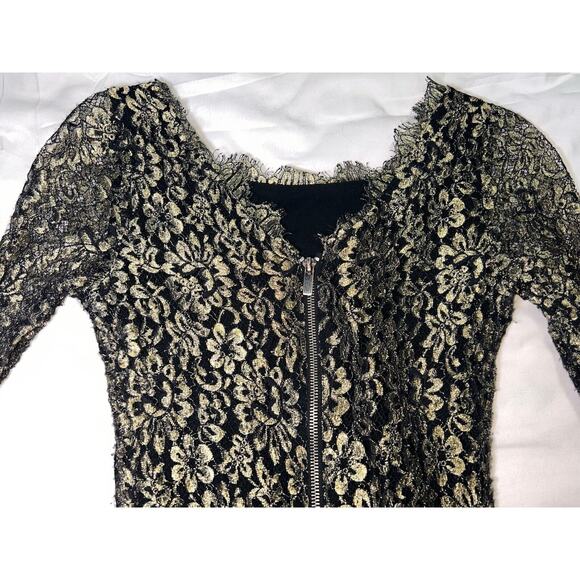 Diane Von Furstenberg Dress Size 2 Gold Metallic Lace Lined Long Sleeve Cocktail - Picture 11 of 15